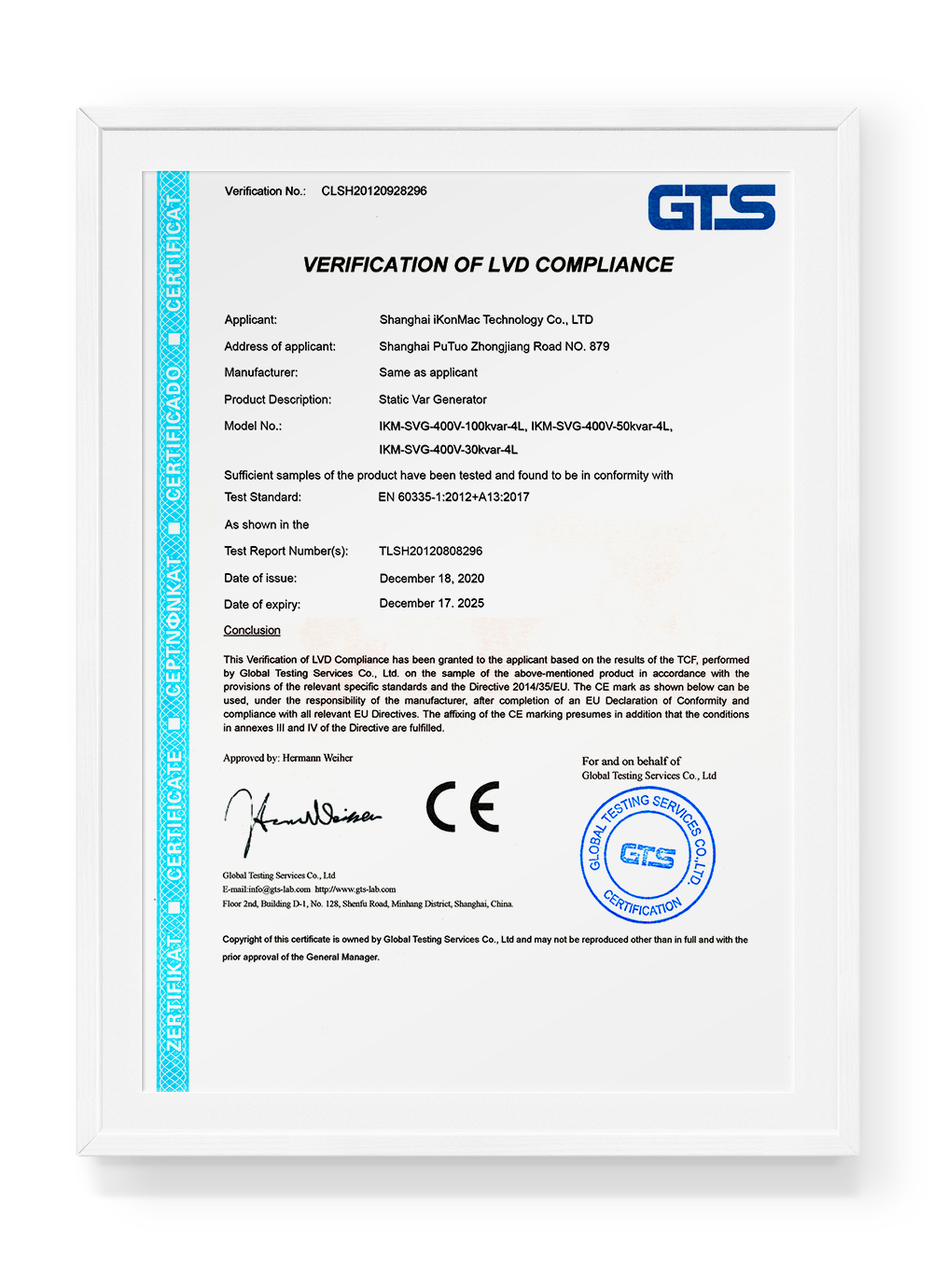 CE Certificate  (Static Var Generator) certificate